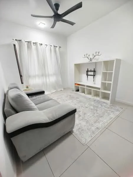 Living features: 3-seater fabric sofa in grey, area rug with geometric pattern, wall-mounted TV bracket, white shelving unit, floor-to-ceiling windows with sheer curtains, ceiling fan with light, light-colored tiled flooring, neutral painted walls; style: modern.