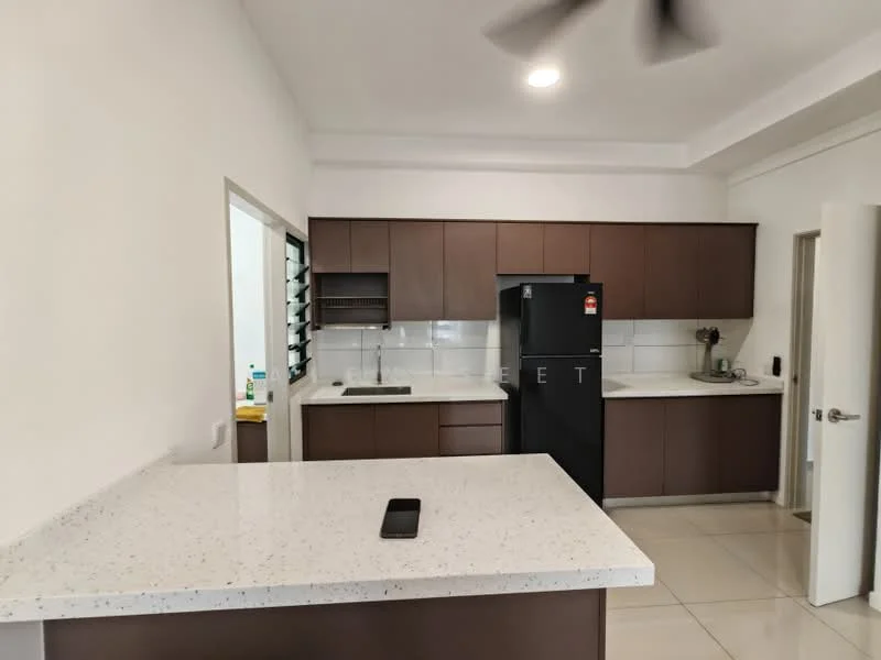 Kitchen features: white quartz countertop, brown flat-panel cabinets, stainless-steel sink, chrome pull-down faucet, black refrigerator, built-in oven, ceramic tile flooring, recessed downlights, ceiling fan, window with security grill, open shelving, kitchen island; style: modern.
