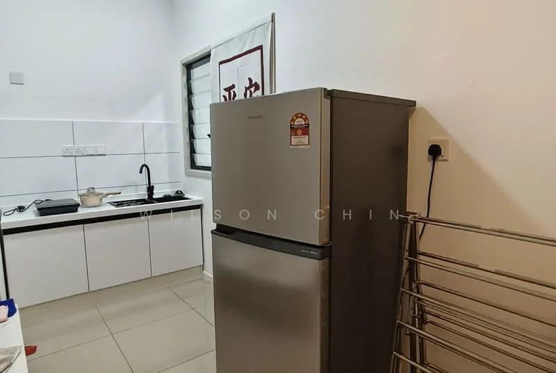 Kitchen features: stainless-steel fridge, white cabinetry, black sink, chrome pull-down faucet, white tiled backsplash, ceramic tile flooring, countertop with cooking area, wall-mounted shelving; style: modern.