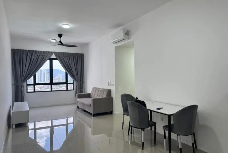 Living features: grey fabric 3-seater sofa, white wall, large floor-to-ceiling window, city view, grey curtains, ceiling fan, recessed ceiling lights, polished tile flooring, white sideboard, black dining table with 4 grey chairs, wall-mounted air conditioning unit; style: modern; view: city.