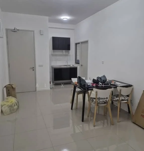 Dining features: white painted walls, glossy tile flooring, 4-seater dining table, plastic dining chairs, kitchenette with black cabinets, stainless-steel sink, built-in countertop, refrigerator, door leading to another room, light fixture on ceiling; style: modern.