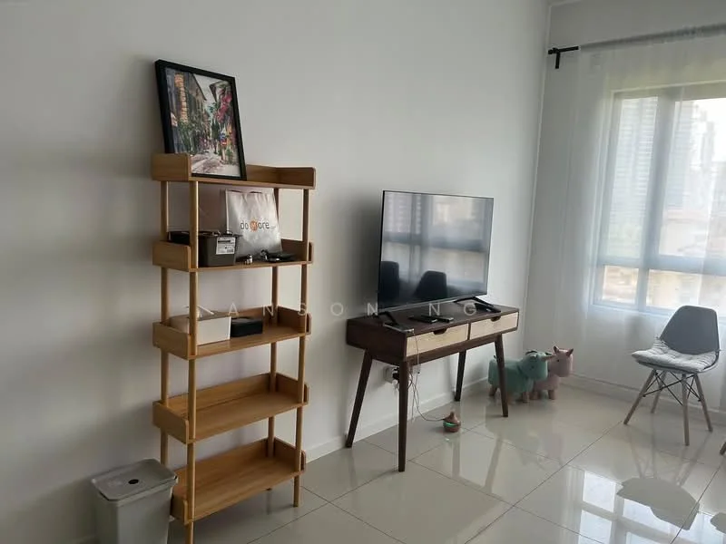 Living features: white painted walls, glossy tile flooring, large window with sheer curtains, wooden shelving unit, framed artwork on wall, wall-mounted TV, wooden TV console, decorative figurines, trash bin, single chair; style: modern; view: city.