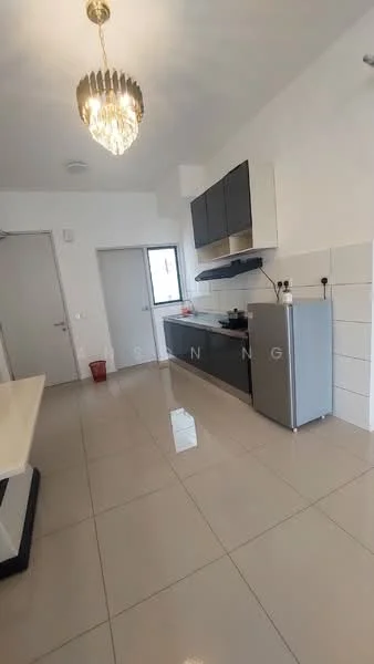 Kitchen features: white painted walls, glossy beige floor tiles, modern cabinetry in black and white, stainless-steel fridge, built-in oven, 4-burner gas hob, single-bowl stainless-steel sink, chrome pull-down faucet, pendant light fixture, window with view to outside, countertop with breakfast bar; style: modern.