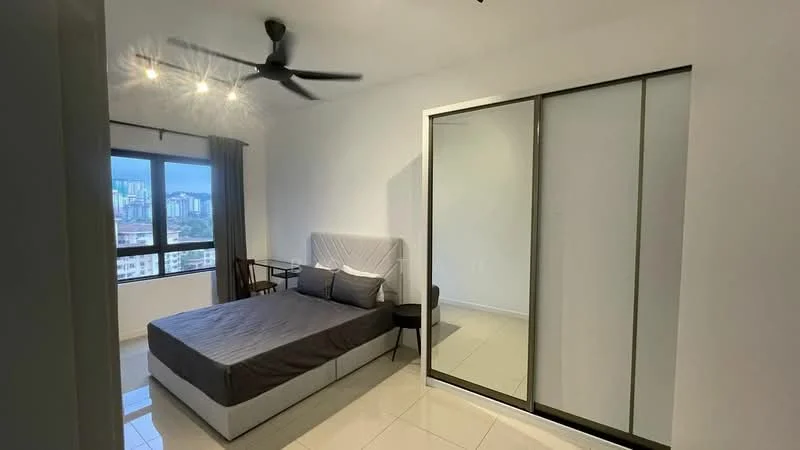 Bedroom features: king-size bed with grey bedding, upholstered headboard, 2 bedside tables, black chair, floor-to-ceiling windows, city skyline view, 5-blade ceiling fan, recessed downlights, built-in wardrobe with sliding doors, white painted walls, glossy tile flooring; style: modern; view: city.