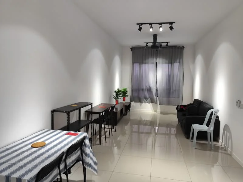 Living features: white painted walls, glossy tile flooring, sofa in black, dining table with striped tablecloth, six black dining chairs, two potted plants, track lighting, curtains in grey, floor-to-ceiling windows, decorative wall lighting; style: modern.