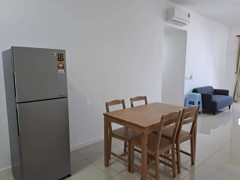 Dining features: 4-seater wooden dining table, grey stainless-steel fridge, white walls, glossy tile flooring, wall-mounted air conditioning unit, sofa in grey fabric, blue plastic chair; style: modern.