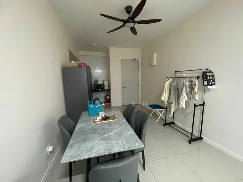 Dining features: grey marble dining table, 4 upholstered dining chairs, ceiling fan, white painted walls, glossy tile flooring, refrigerator, door leading to hallway, clothes rack, folding chair, wall-mounted air conditioning unit; style: modern.