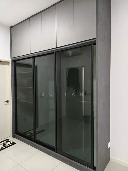 Room features: sliding glass doors, grey laminate cabinetry, built-in storage, white walls, light-colored floor tiles, minimalist design, recessed lighting; style: modern.