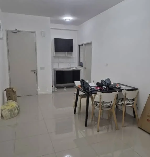 Room features: white painted walls, glossy tile flooring, ceiling light fixture, kitchenette with black cabinets, white countertop, sink, dining table with four chairs, plastic bags on the floor, cardboard boxes, door leading to another room; style: modern.