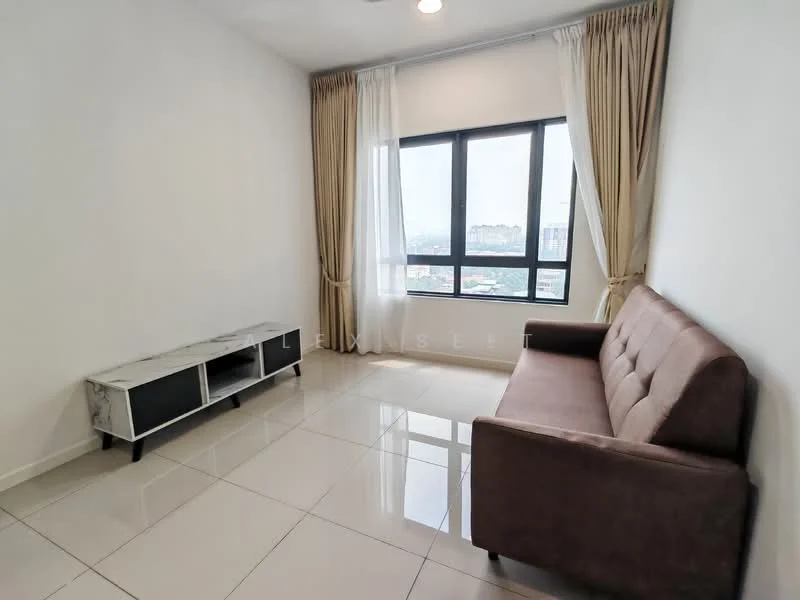 Living features: white painted walls, glossy ceramic tile flooring, floor-to-ceiling windows, sheer curtains, heavy drapes, 3-seater fabric sofa in brown, marble-top TV console, LED ceiling lights; style: modern; view: city.