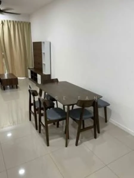 Dining features: 6-seater dining table, wooden dining chairs with blue cushions, white walls, glossy tile flooring, ceiling fan, curtains in beige, sideboard cabinet, decorative wall unit; style: modern.