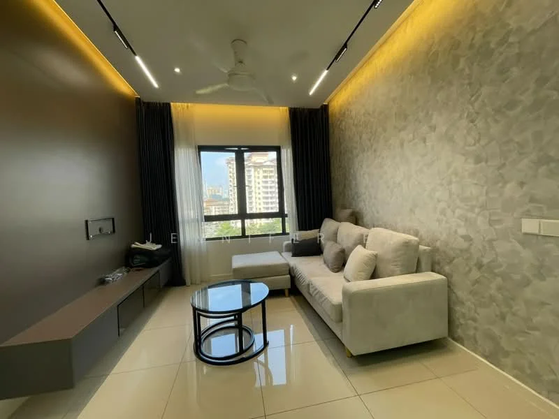 Living features: 3-seater fabric sofa in light grey, round glass coffee table, wall-mounted TV, TV console, floor-to-ceiling windows, blackout curtains, ceiling fan with light, recessed downlights, light grey accent wall, white tiled flooring; style: modern; view: city.