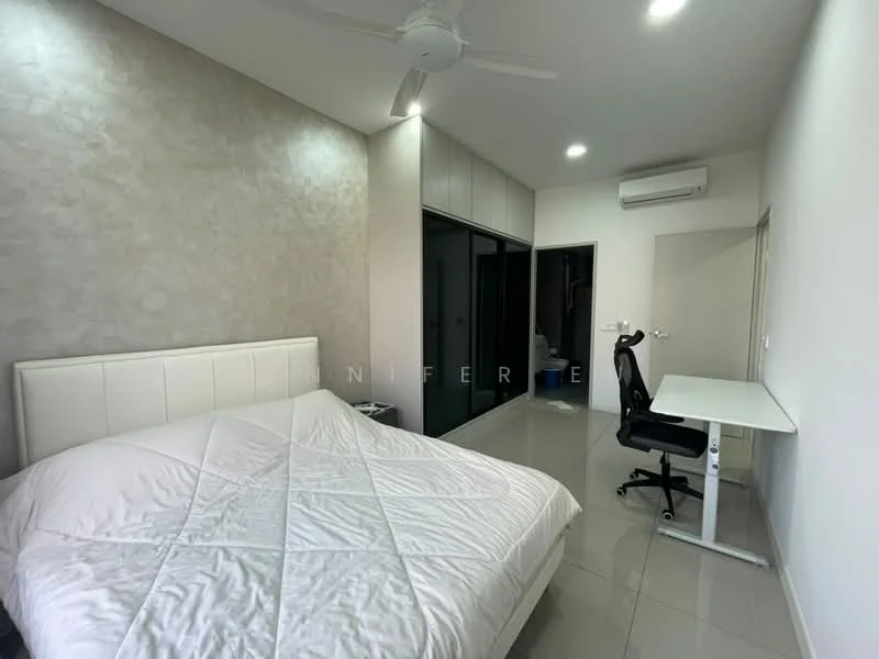 Bedroom features: king-size bed with upholstered headboard, white bedding, light grey accent wall, built-in wardrobe with sliding doors, study desk with ergonomic chair, wall-mounted air conditioning unit, glossy tile flooring, ceiling fan; style: modern.