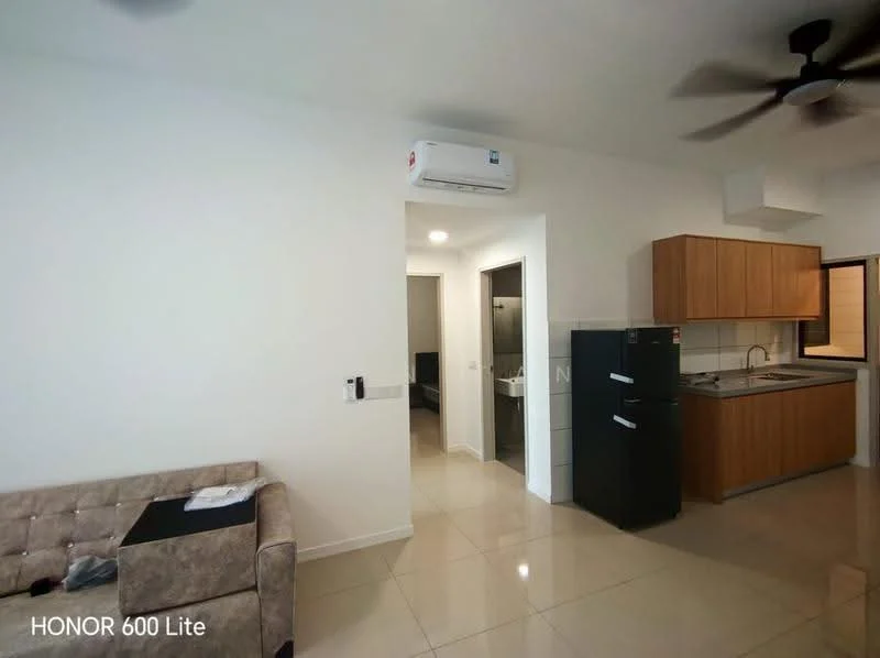 Kitchen features: brown wooden cabinetry, stainless-steel sink, chrome pull-down faucet, granite countertop, built-in oven, freestanding fridge, ceramic tile flooring, recessed downlights; style: modern. Living features: 3-seater fabric sofa in beige, coffee table, wall-mounted split AC, ceiling fan, cream painted walls, tile flooring; style: modern. Bathroom features: shower with glass enclosure, toilet, vanity with sink, tile cladding, mirror.