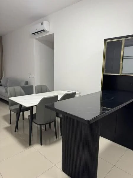 Dining features: white dining table, 4 upholstered dining chairs in grey, black kitchen island with ribbed design, black countertop, cream tiled flooring, wall-mounted split AC, neutral painted walls, large window with sheer curtains; style: modern. Living features: grey fabric sofa, neutral painted walls, cream tiled flooring; style: modern.