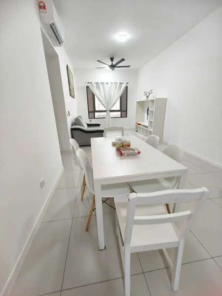 Dining features: white dining table, 4 white dining chairs, ceramic tile flooring, recessed downlights, wall-mounted air conditioning unit, floor-to-ceiling window, sheer curtains, decorative wall art, open shelving unit, grey sofa, ceiling fan with light; style: modern.