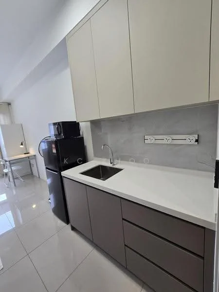 Kitchen features: single-bowl stainless-steel sink, chrome pull-down faucet, white quartz countertop, grey lower cabinets, beige upper cabinets, built-in electrical outlets, black refrigerator, ceramic tile flooring, grey backsplash, recessed downlights; style: modern.