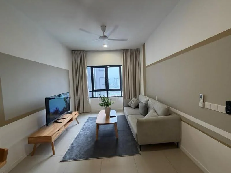 Living features: 3-seater fabric sofa in light grey, wooden coffee table, wall-mounted TV, floor-to-ceiling window, sheer curtains, ceiling fan with light, light-colored walls with accent strip, area rug, wooden TV console; style: modern; view: city.