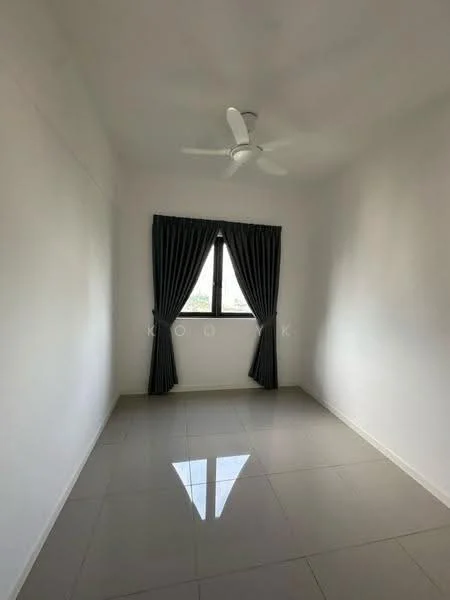 Room features: white painted walls, glossy ceramic tile flooring, 5-blade ceiling fan, floor-to-ceiling window, blackout curtains; style: modern.