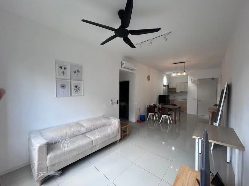 Living features: 3-seater fabric sofa wrapped in plastic, ceiling fan with 5 blades, recessed LED downlights, white painted walls, glossy white tile flooring, wall-mounted TV, dining table with chairs, air conditioning unit, decorative wall art with floral prints, wooden side table; style: modern.