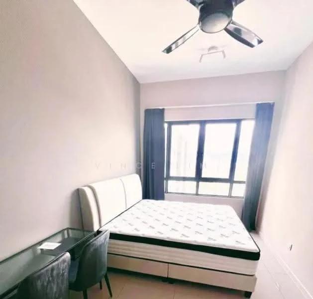 Bedroom features: queen-size bed, upholstered headboard, 2 bedside lamps, study desk, 2 dining chairs, floor-to-ceiling windows, blackout curtains, light grey painted walls, ceiling fan with light, tile flooring; style: modern.