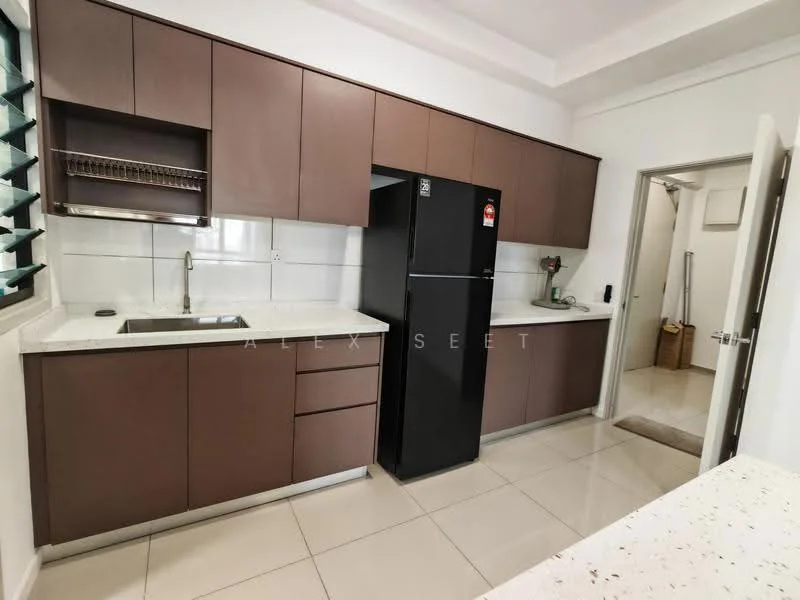 Kitchen features: brown cabinetry, white quartz countertop, single-bowl stainless-steel sink, chrome pull-down faucet, built-in black refrigerator, white tiled backsplash, ceramic tile flooring, wall-mounted shelving, window with horizontal slats, recessed downlights; style: modern. Room features: doorway leading to another room, light-colored wall, basket storage visible.