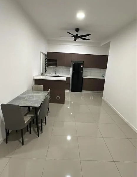 Kitchen features: white painted walls, glossy tile flooring, ceiling fan, kitchen cabinets in dark wood, stainless-steel fridge, built-in countertop with sink, ceramic tile backsplash, open layout with dining area, 4-seater dining table, upholstered dining chairs; style: modern.