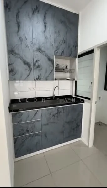 Kitchen features: black marble-patterned cabinetry, white tiled backsplash, black countertop, single-bowl stainless-steel sink, chrome pull-down faucet, built-in shelving above sink, grey floor tiles, window with black frame; style: modern.