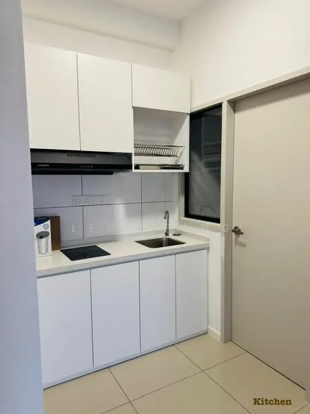 Kitchen features: white flat-panel cabinets, stainless-steel sink, chrome pull-down faucet, built-in oven, 4-zone induction hob, white quartz countertop, white tiled backsplash, dishwasher, open shelving, under-cabinet lighting, tile flooring, window with black frame; style: modern.