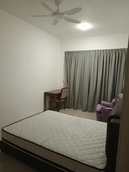 Bedroom features: queen-size bed frame without mattress, grey curtains, ceiling fan, wooden desk, upholstered chair in purple, light-colored walls, carpeted flooring, recessed ceiling light; style: modern.