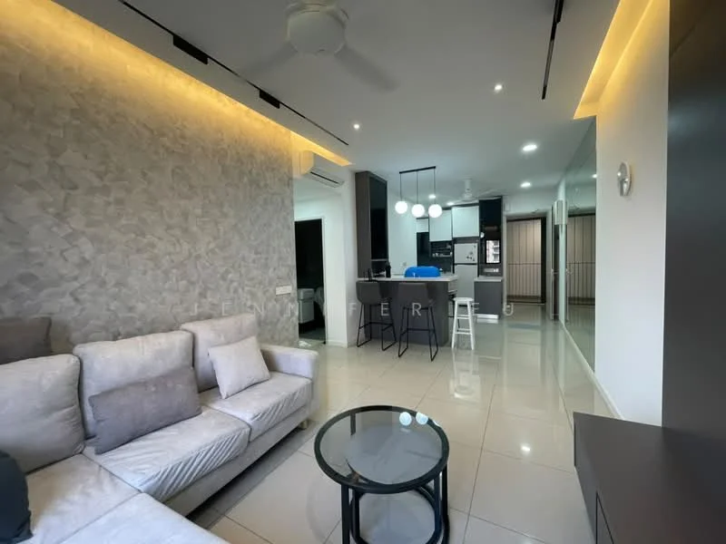Living features: light grey fabric sofa, glass coffee table, white walls, textured accent wall, recessed ceiling lights, ceiling fan, open layout to kitchen, tile flooring, large windows, neutral decor; style: modern. Kitchen features: kitchen island with seating, black cabinetry, stainless-steel appliances, white countertops, built-in oven, refrigerator, pendant lighting, open shelving; style: modern.