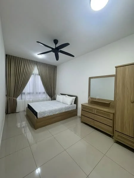Bedroom features: queen-size bed, upholstered headboard, wooden bed frame, 2 bedside tables, dressing table with mirror, wooden dresser, 5-blade ceiling fan, floor-to-ceiling window with sheer curtains, white painted walls, glossy tile flooring, decorative wall mirror; style: modern.