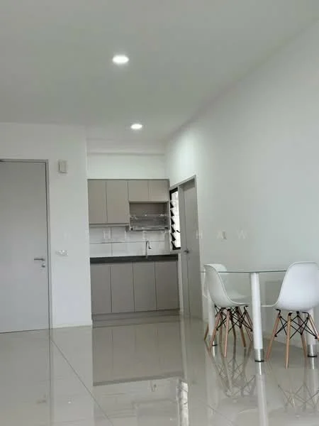 Kitchen features: grey cabinetry, black countertop, stainless-steel sink, single-bowl sink, built-in kitchen shelf, recessed downlights, white walls, glossy tile flooring; style: modern. Dining features: glass dining table, four white chairs with wooden legs, white walls, glossy tile flooring; style: modern.