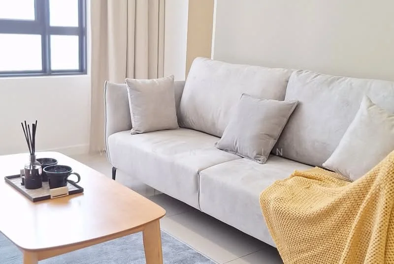 Living features: light grey fabric sofa, 2 decorative cushions, wooden coffee table, tray with cups and utensils, yellow knitted throw blanket, light-colored walls, large window with sheer curtains, neutral-colored area rug, floor-to-ceiling window; style: modern.