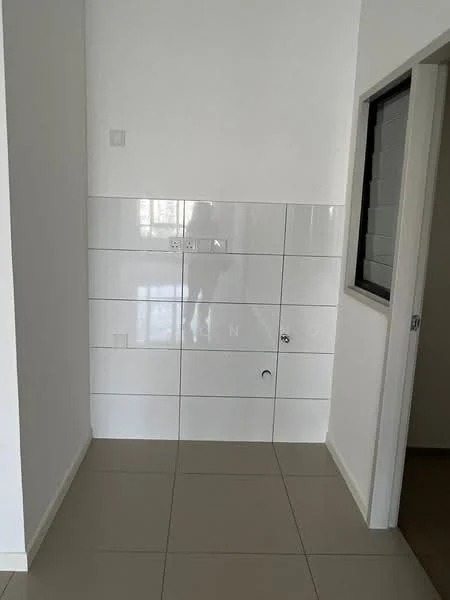 Room features: white tiled walls, glossy ceramic tiles, neutral-colored flooring, single electrical outlet, wall-mounted plumbing fittings, doorway leading to another room, window with blinds, minimalist design; style: modern.