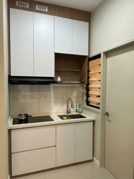 Kitchen features: white cabinetry with wood accents, single-bowl stainless-steel sink, chrome pull-down faucet, black built-in stove, white tiled backsplash, countertop with integrated sink, under-cabinet lighting, window with horizontal slats, light-colored wall tiles, neutral-colored floor tiles; style: modern.