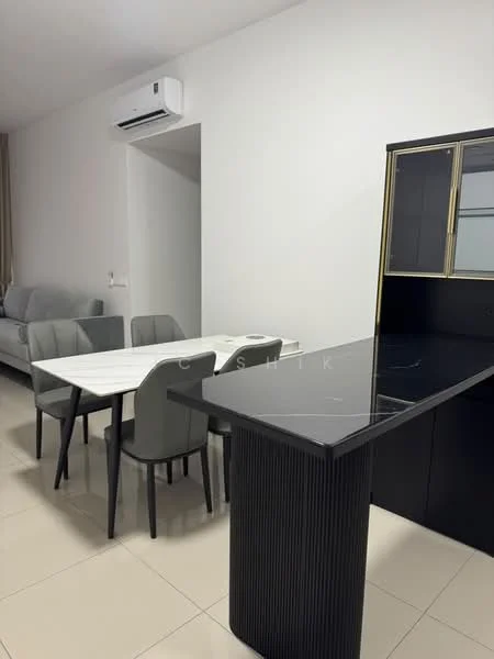 Dining features: black countertop, white dining table, 4 grey upholstered dining chairs, wall-mounted split AC, cream tiled flooring, neutral painted walls, glass-front cabinet, open shelving, recessed lighting; style: modern. Living features: grey fabric sofa, neutral painted walls, cream tiled flooring, recessed lighting; style: modern.