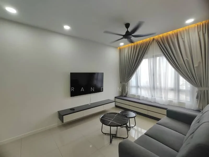 Living features: grey fabric sofa, round coffee table with black top, wall-mounted TV, TV console with storage, floor-to-ceiling windows, sheer curtains, recessed LED downlights, ceiling fan with light, white painted walls, glossy tile flooring, decorative lighting strip; style: modern; view: city.