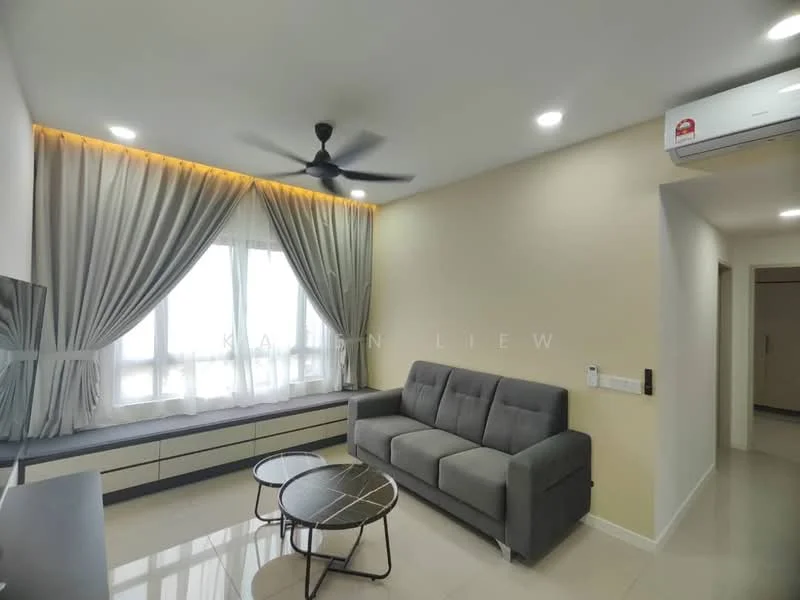 Living features: 3-seater fabric sofa in grey, coffee table with metal legs, TV console with storage, floor-to-ceiling windows, sheer curtains, recessed LED downlights, 5-blade ceiling fan, wall-mounted air conditioning unit, cream painted walls, glossy tile flooring; style: modern.