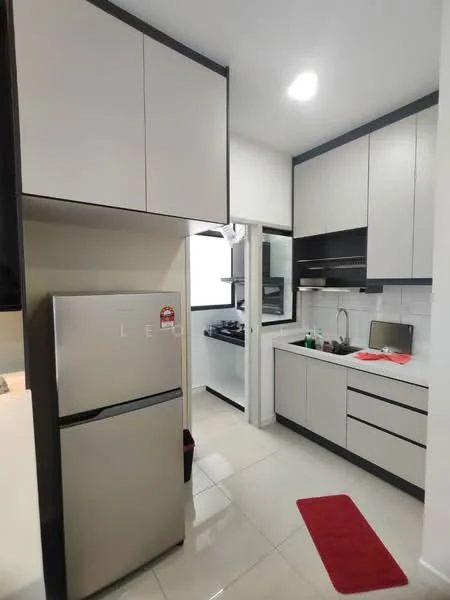 Kitchen features: grey cabinetry, white countertop, stainless-steel fridge, built-in gas stove, stainless-steel sink, chrome pull-down faucet, white tiled backsplash, white walls, recessed downlights, floor tiles, red kitchen mat; style: modern.