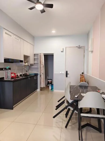 Kitchen features: black cabinetry, white upper cabinets, stainless-steel sink, chrome pull-down faucet, built-in oven, freestanding range oven, refrigerator, pendant light, ceiling fan, tile flooring, open shelving, dining table with chairs; style: modern.