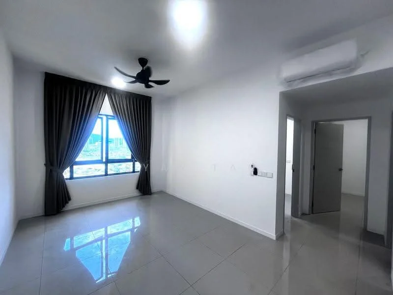 Room features: white painted walls, glossy tile flooring, 5-blade ceiling fan, floor-to-ceiling windows, blackout curtains, air conditioning unit, doorway leading to another room, natural light from window; style: modern; view: city.