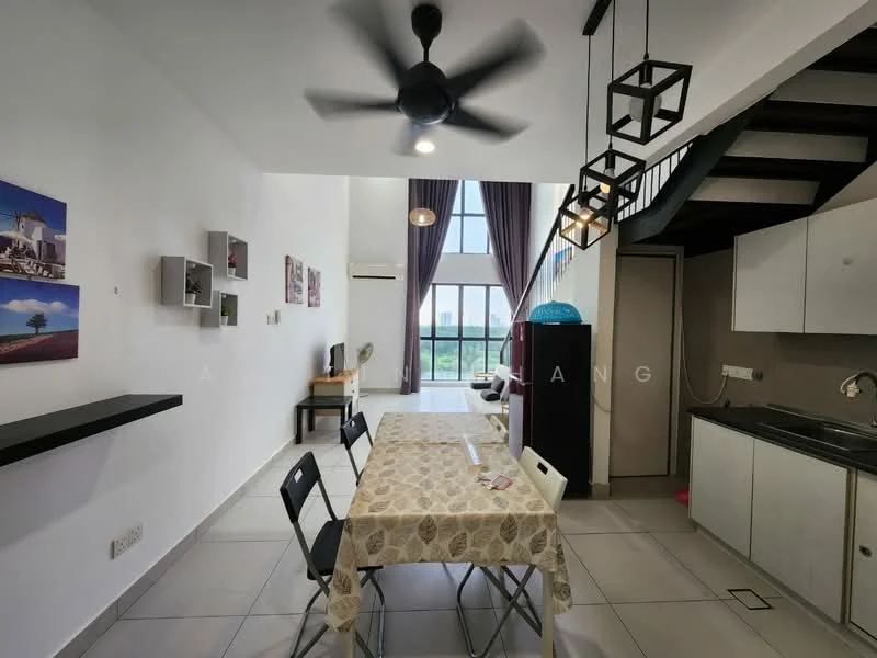 Dining features: dining table with tablecloth, 4 black folding chairs, ceiling fan with light, white walls, large windows with view, grey tile flooring, decorative wall art, shelf on wall; style: modern; view: garden. Kitchen features: white cabinetry, stainless-steel sink, built-in countertop, kitchen appliances visible, grey tile flooring; style: modern. Living features: large windows, curtains, open layout, grey tile flooring; style: modern; view: garden.