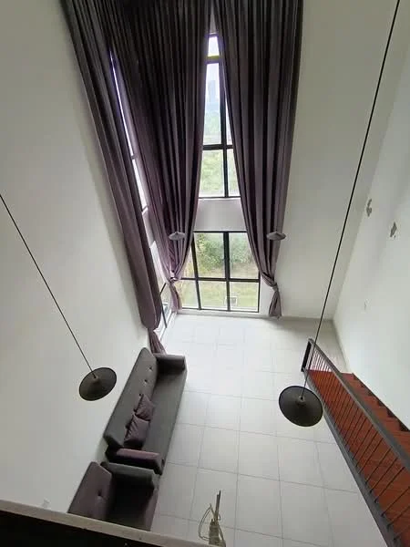 Living features: floor-to-ceiling windows, grey fabric sofa, 2 purple throw pillows, white walls, white tiled flooring, hanging pendant lights, long purple curtains, wooden staircase, view of greenery outside; style: modern; view: garden.