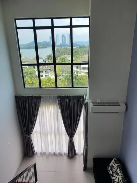Room features: large floor-to-ceiling windows, grey curtains, air conditioning unit, white walls, light-colored tiled flooring, black sofa, staircase railing; style: modern; view: city.
