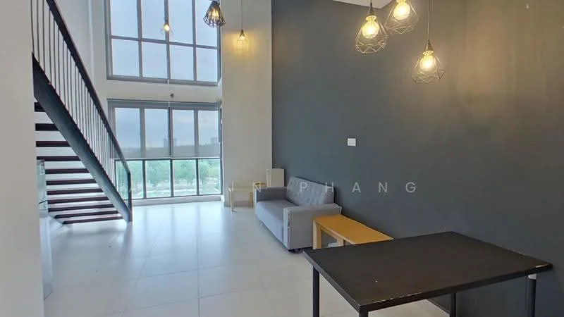Living features: grey accent wall, white painted walls, tile flooring, floor-to-ceiling windows, sofa in light grey, wooden coffee table, black dining table, 3 pendant lights, staircase with wooden steps, view of greenery; style: modern; view: garden.