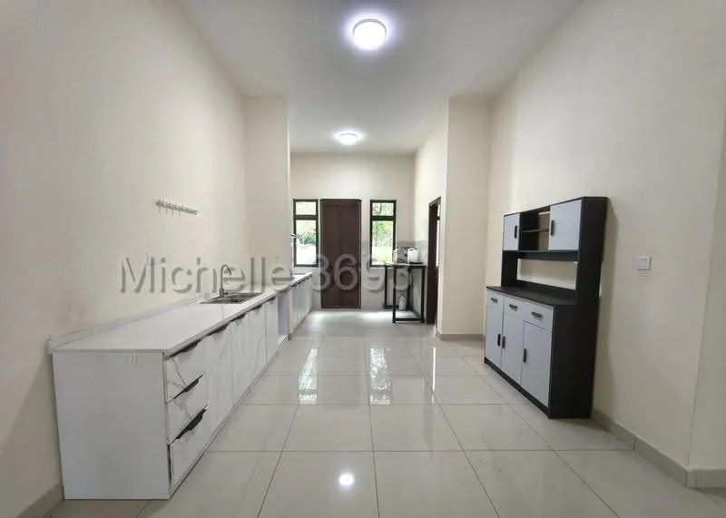 Kitchen features: white cabinetry with multiple drawers, white countertop, stainless-steel sink, single-bowl sink, chrome faucet, ceramic tile flooring, recessed ceiling lights, large windows for natural light, neutral painted walls, open layout, built-in shelving unit, door leading to another room; style: modern.
