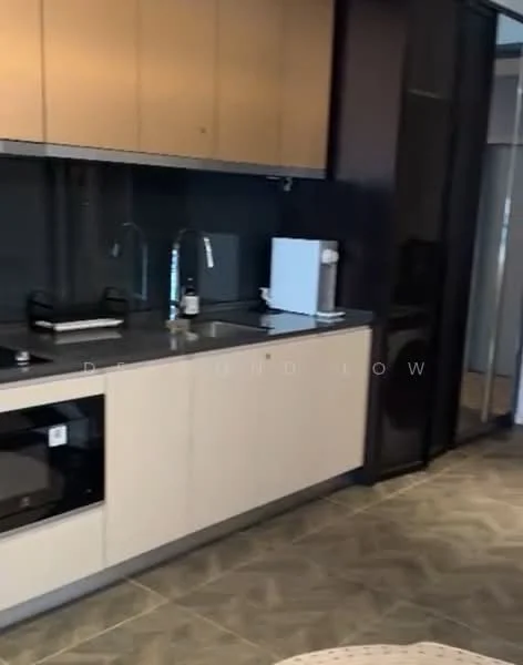 Kitchen features: light wood cabinetry, black countertop, stainless-steel sink, chrome pull-down faucet, built-in microwave, black built-in oven, refrigerator, ceramic tile flooring, grey backsplash, under-cabinet lighting; style: modern.