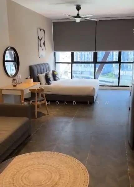 Bedroom features: queen-size bed, upholstered headboard, 2 bedside pillows, floor-to-ceiling windows, grey roller blinds, ceiling fan, wooden side table, round area rug, wall-mounted mirror, sofa, decorative artwork on wall, tile flooring; style: modern; view: city.