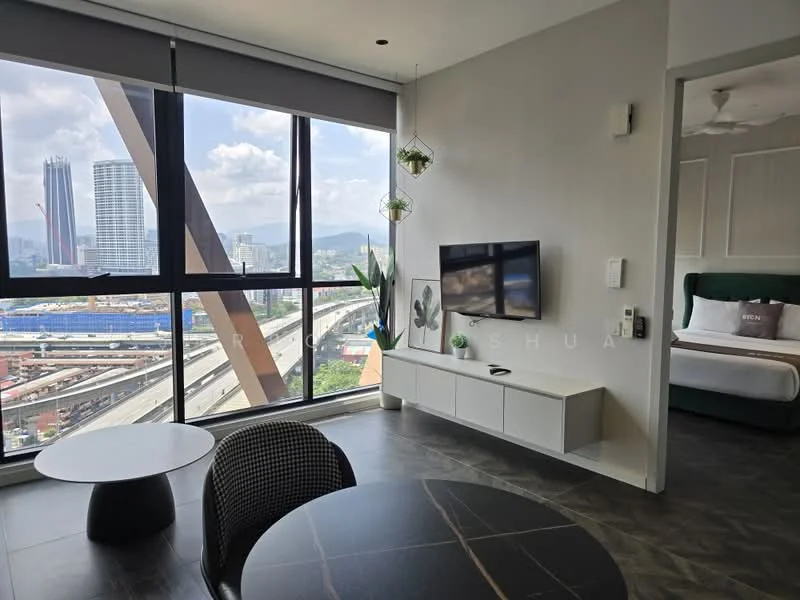 Living features: floor-to-ceiling windows, city view, grey accent wall, light-colored wall, recessed downlights, 3-blade ceiling fan, wall-mounted TV, white TV console, black round coffee table, black dining table, upholstered dining chairs, decorative plants; style: modern; view: city.